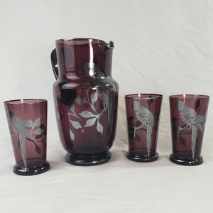 Vintage Hand Blown Amethyst Glass Pitcher & 3 Glasses with Silver Overlay Parrot
